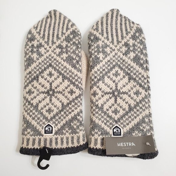 HESTRA Nordic Wool Knitted Mittens Size 9 Fair Isle Gray Off White Lined - Picture 1 of 8